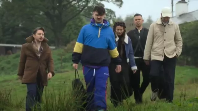 Vintage Champion Reverse Weave Blue Track Pants worn by Cardi (Tom Hanson) as seen in Brassic (S06E01)