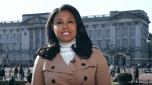 Hobbs London Saskia Trench Coat in Tan worn by Meagan Fitzgerald as seen in Today on  October 11, 2024