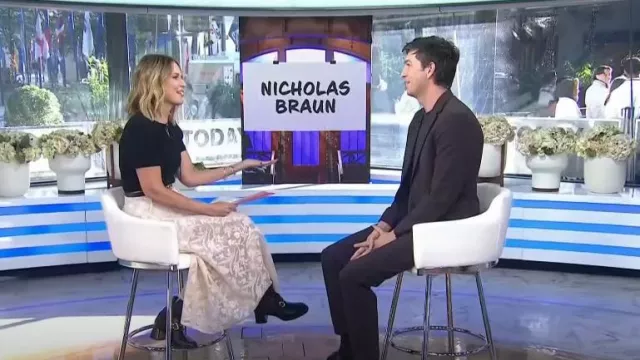 Maje Sequin Maxi Skirt in Beige worn by Savannah Guthrie as seen in Today on October 11, 2024