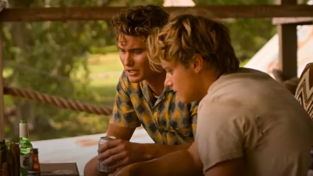 Outerknown BBQ Camp-Collar Printed Organic Cotton And Hemp-Blend Shirt Yellow worn by John B Routledge (Chase Stokes) as seen in Outer Banks (S04E02)