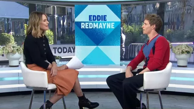 Pringle of Scotland Unisex V Neck Stripe Jumper in Red worn by Eddie Redmayne as seen in Today on  October 16, 2024