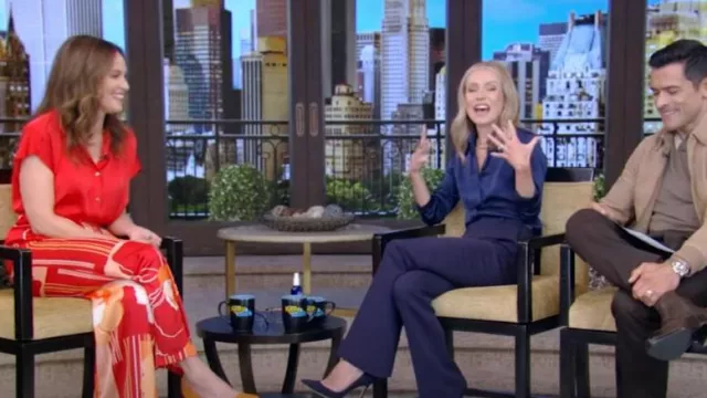 Ramy Brook Claudia Floral Satin Wide-Leg Pants worn by Amy Brenneman as seen in LIVE with Kelly and Mark on  October 17, 2024