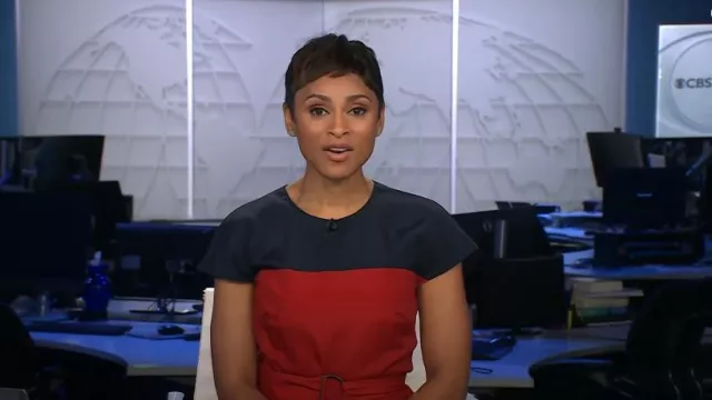Vestido de cuello redondo de punto técnico plisado Akris Punto usado por Jericka Duncan como se vio en CBS Evening News el 14 de octubre de 2024