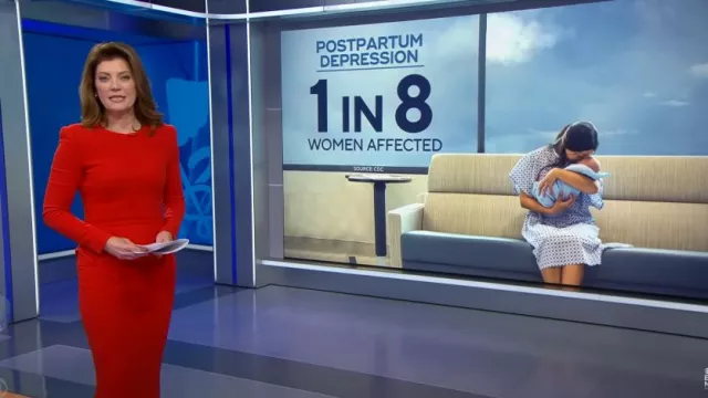 Sergio Hudson Vestido midi de crepé de lana elástica de manga larga con espalda plisada usado por Norah O'Donnell visto en CBS Evening News el 19 de octubre de 2024