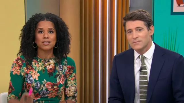 Alice + Olivia Delora Dress in Cloud Dancer Dark Teal worn by Adriana Díaz as seen in CBS Mornings on October 11, 2024