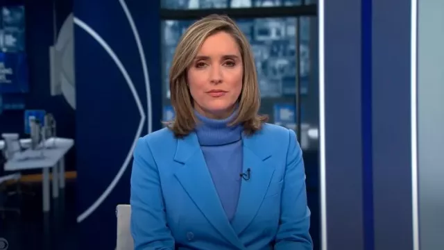 Dorothee Schumacher Emotional Essence Jacket In Cornflower Blue worn by Margaret Brennan as seen in CBS Evening News on October 19, 2024