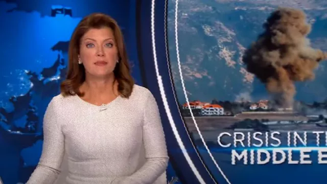 The Fold London Eaton Dress worn by Norah O'Donnell as seen in CBS Evening News on October 22, 2024