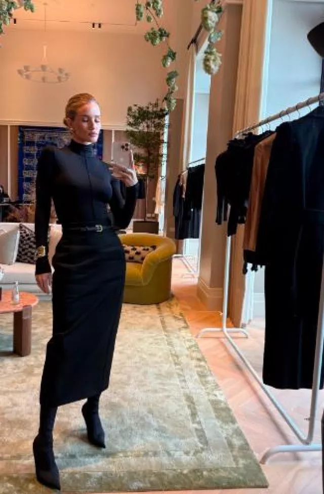 Balenciaga Knife Bootie In Black worn by  Rosie Huntington-Whiteley at Wardrobe.Nyc X Rhw X Luminaire Pop Up on October 8, 2024