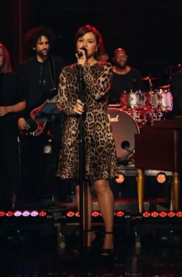 Dolce & Gabbana Leopard-Print Stretch-Satin Mini Dress worn by Kelly Clarkson at The Kelly Clarkson Show 6.13 on October 9, 2024