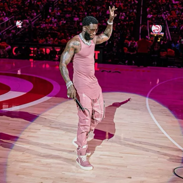 Rick Owens Thulian Pink Coated Bauhaus Cargo Pants worn by Gucci Mane on the Instagram account @laflare1017