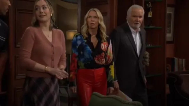 Alice + Olivia Olivia Faux-Leather Boot-Cut Pants in Bright Ruby worn by Brooke Logan (Katherine Kelly Lang) as seen in The Bold and the Beautiful on October 22, 2024