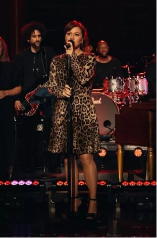 Dolce & Gabbana Mini-robe en satin stretch à imprimé léopard portée par Kelly Clarkson au Kelly Clarkson Show 6.13 le 9 octobre 2024