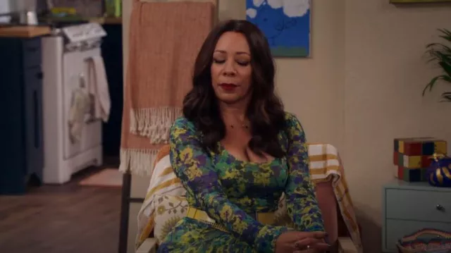 Ganni Ruched Printed Stretch-Mesh Midi Dress worn by Rosie (Selenis Leyva) as seen in Lopez vs Lopez (S03E01)