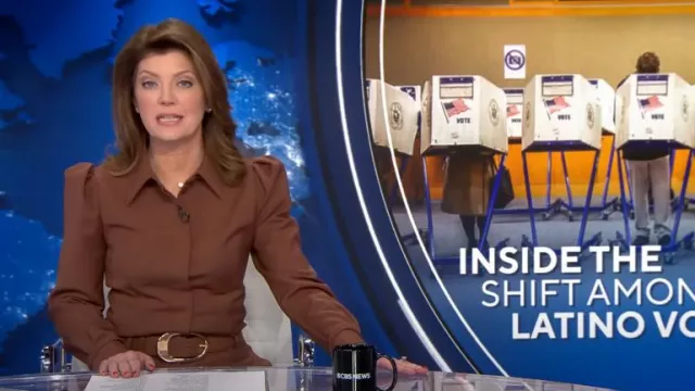 Gabriela Hearst Talbot Shirt in Cognac Sportswear Wool worn by Norah O'Donnell as seen in CBS Evening News on  November 8, 2024