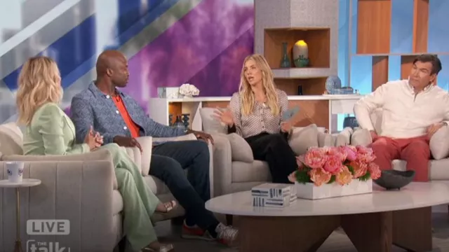Armani Exchange Palazzo Pants with Jewel Button worn by Anna Camp as seen in The Talk on November 7, 2024