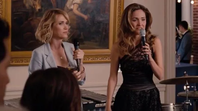 Bridesmaids Movie Outfits: Rose Byrne wears Romona Keveza Asymmetrical Gown in black to play Helen