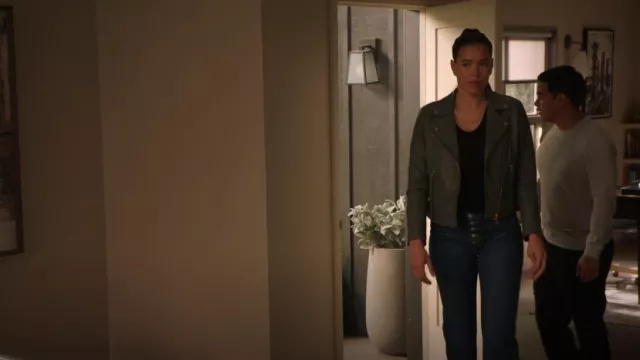 Allsaints Dalby Slim Fit Leather Biker Jacket In Deep Sage Green worn by Nancy Gillian (Brianna Baker) as seen in 9-1-1: Lone Star (S05E06)