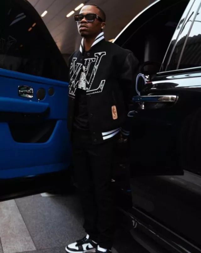 Louis Vuitton x NBA Black Varsity Jacket worn by Roddy Ricch on the Instagram account @roddyricch