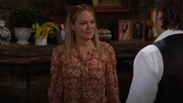 Veronica Beard Ashlynn Blouse in Deep Ochre Multi worn by Sharon Newman ( Sharon Case) as seen in The Young and the Restless on November 13, 2024