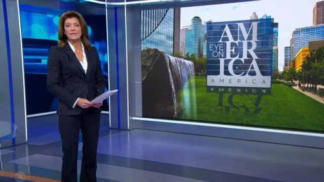Alexander Mcqueen Pinstripe Wool Blazer worn by Norah O'Donnell as seen in CBS Evening News on November 13, 2024
