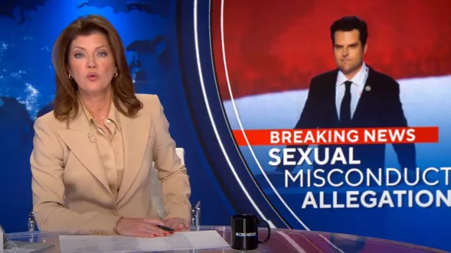 Michael Kors Hansen Button-Front Shirt worn by Norah O'Donnell as seen in CBS Evening News on November 18, 2024