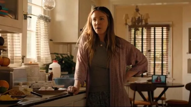 Natalie Martin Chiara Robe in Shangri-La Print Orchid worn by Ava Bartlett (Kaley Cuoco) as seen in Based on a True Story (S02E03)