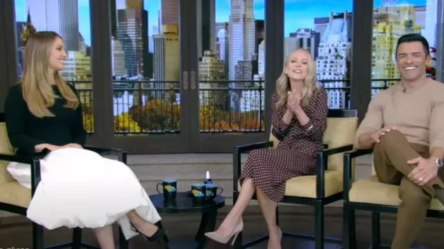 Off-the-shoulder Pleated Two-tone Velvet and Sateen Midi Dress worn by Camilla Luddington as seen in LIVE with Kelly and Mark on November 19, 2024