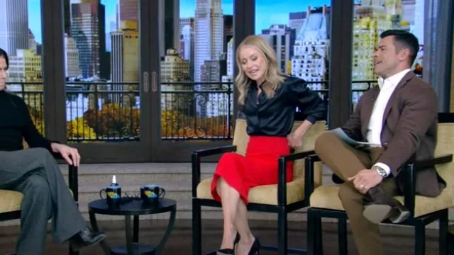 Saint Laurent Monogram Silk Jacquard Blouse worn by Kelly Ripa as seen in LIVE with Kelly and Mark on November 21, 2024