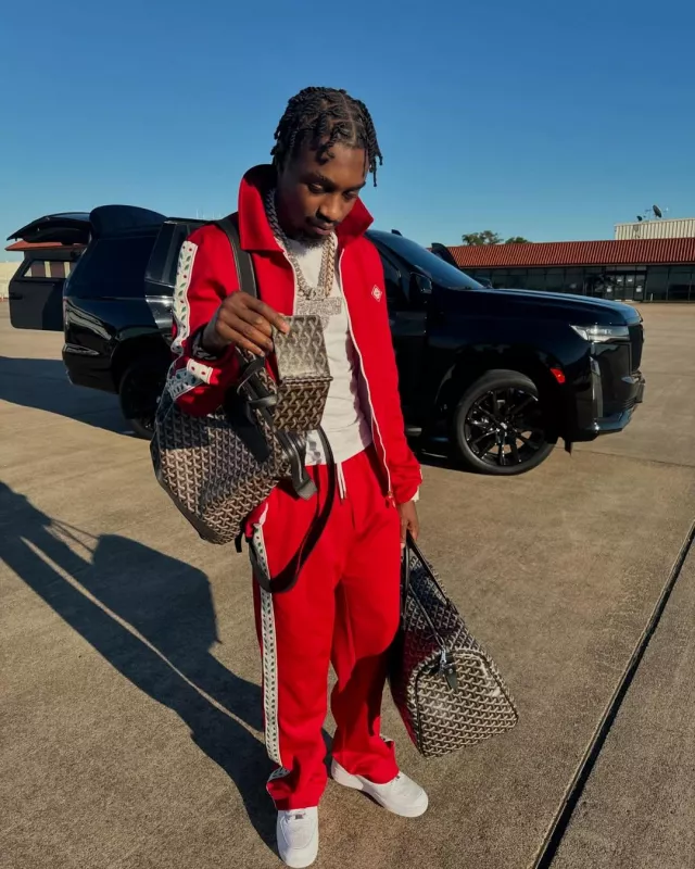 Casablanca Red Laurel Stripe Trackpants worn by Lil Tjay on the Instagram account @liltjay