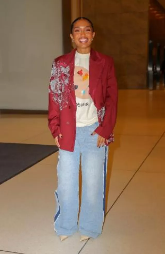 Kidsuper Imitation Pearl-Embellished Double-Breasted Blazer worn by Yara Shahidi at Siriusxm Radio on November 20, 2024