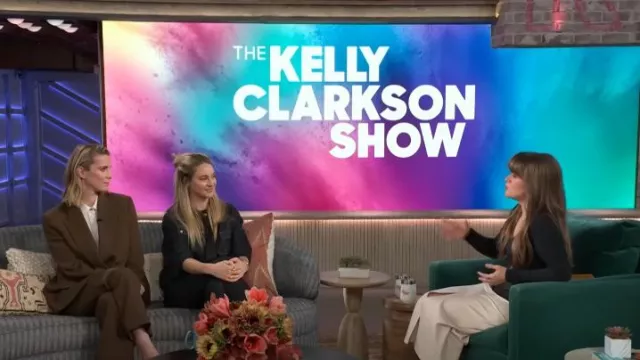 Versace Medusa Buckle Straight Leg Jeans worn by Shailene Woodley as seen in The Kelly Clarkson Show on November 13, 2024