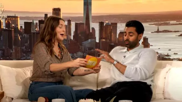 Todd Snyder Relaxed Mohair Polo in Steel Blue worn by Hasan Minhaj as seen in The Drew Barrymore Show on November 3, 2024