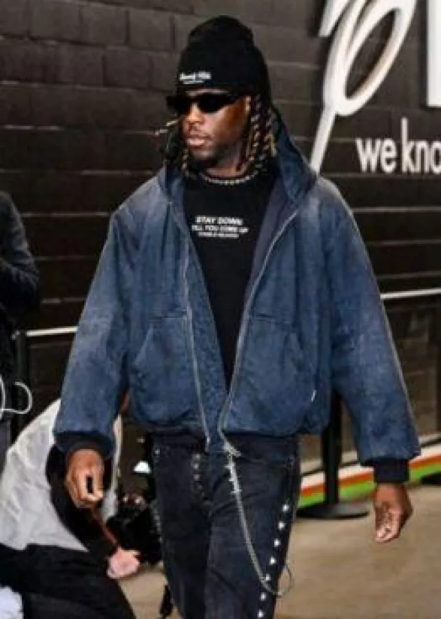 Balenciaga Navy Denim Apparel Workwear Jacket worn by Jerry Jeudy on the Instagram account @clevelandbrowns