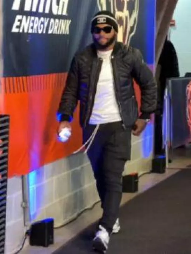 Moncler x Rick Owens Black Megapenta Bomber Jacket worn by D'Andre Swift on the Instagram account @clevelandbrowns