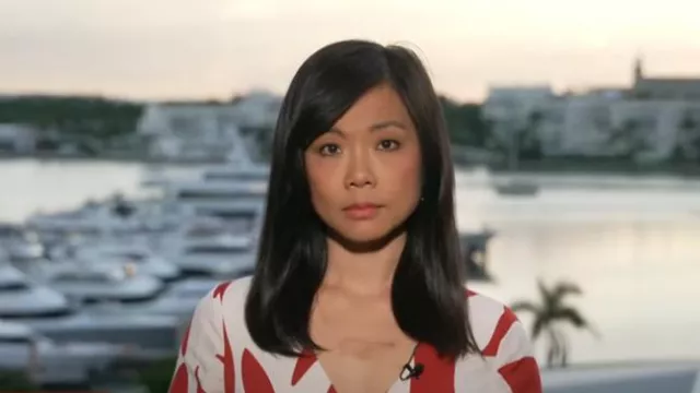 Donna Morgan Printed Open-Back V-Neck Midi Dress worn by Weijia Jiang as seen in CBS Mornings on  November 28, 2024