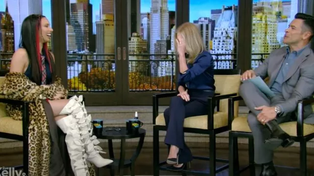 Larroude x Jonathan Cohen Tie Boot In Ivory Leather Boots worn by Kylie Cantrall as seen in LIVE with Kelly and Mark on  November 26, 2024