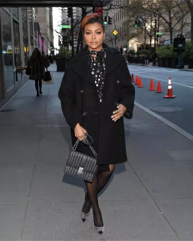 Malone Souliers Vesper 70 Black Crystal Satin Slingbacks worn by Taraji P. Henson on her Instagram Post on December 4, 2024