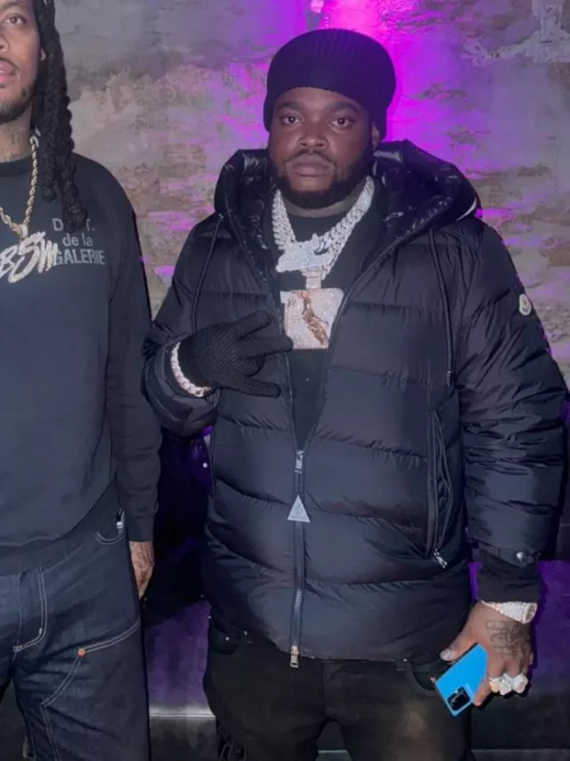 Moncler Black Hood Logo Cardere Down Jacket worn by BossMan Dlow on the Instagram account @bossman_dlow