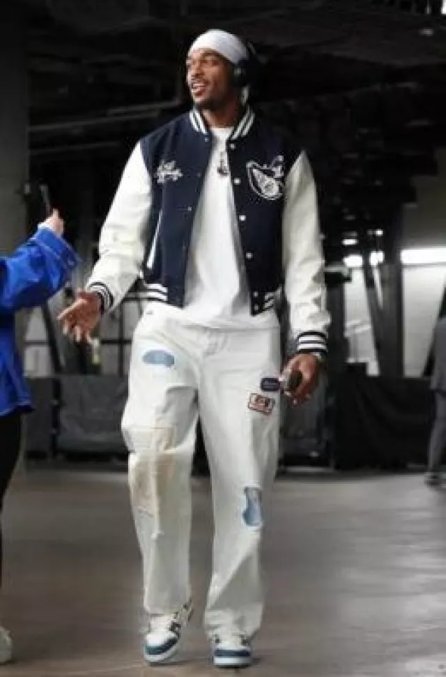 Cout De La Liberte Light Blue Hickory Stripe Patches Pants worn by Paul Jamaine Washington Jr. on the Instagram account @nbafashionfits