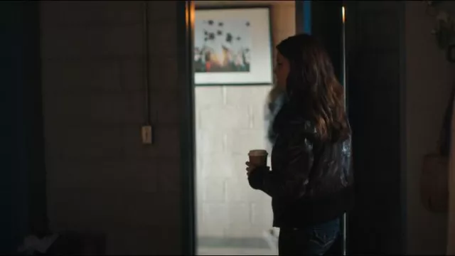 Club Monaco Women Black Genuine Leather Bomber Biker Knit Collar Jacket worn by Bree (Catherine Missal) as seen in Tell Me Lies (S02E07)