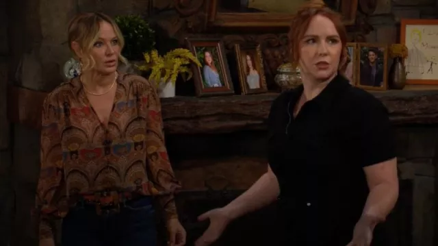 Veronica Beard Esmeralda Top in Dark Chocolate Multi worn by Sharon Newman (Sharon Case) as seen in The Young and the Restless on December 9, 2024