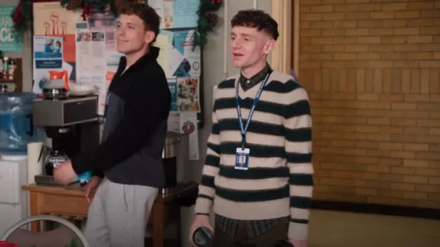 J Crew Brushed Wool V-Neck Sweater In stripe worn by Jacob Hill (Chris Perfetti) as seen in Abbott Elementary (S04E07)