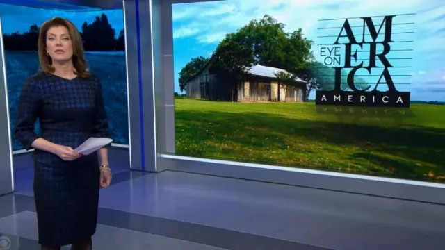 The Fold Eaton Dress in Navy Metallic Houndstooth Tweed worn by Norah O'Donnell as seen in CBS Evening News on December 3, 2024