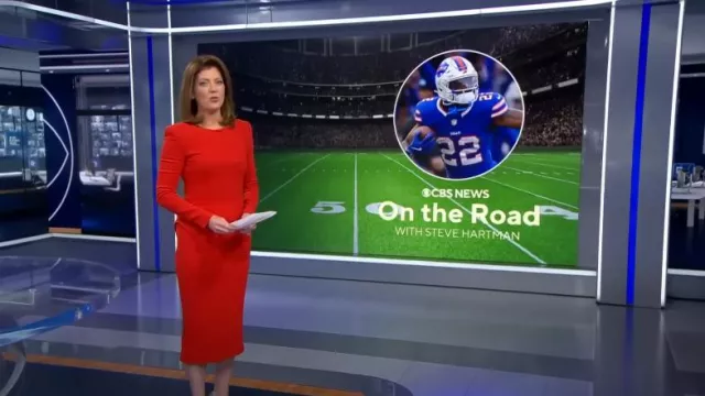 Sergio Hudson Pleated-Back Long-Sleeve Stretch Wool Crepe Midi Dress worn by Norah O'Donnell as seen in CBS Evening News on December 6, 2024
