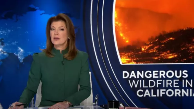 Theo The Label Daphne Cropped Military Jacket in Artic Moss worn by Norah O'Donnell as seen in CBS Evening News on December 11, 2024