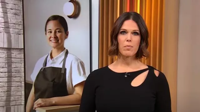 Elie Tahari Novelty Cut Out Rib Dress portée par Dana Jacobson telle que vue dans CBS Saturday Morning le 7 décembre 2024
