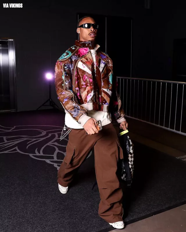 Who Decides War Brown Fur Window Paneled Flight Jacket worn by Justin Jefferson on the Instagram account @nfl
