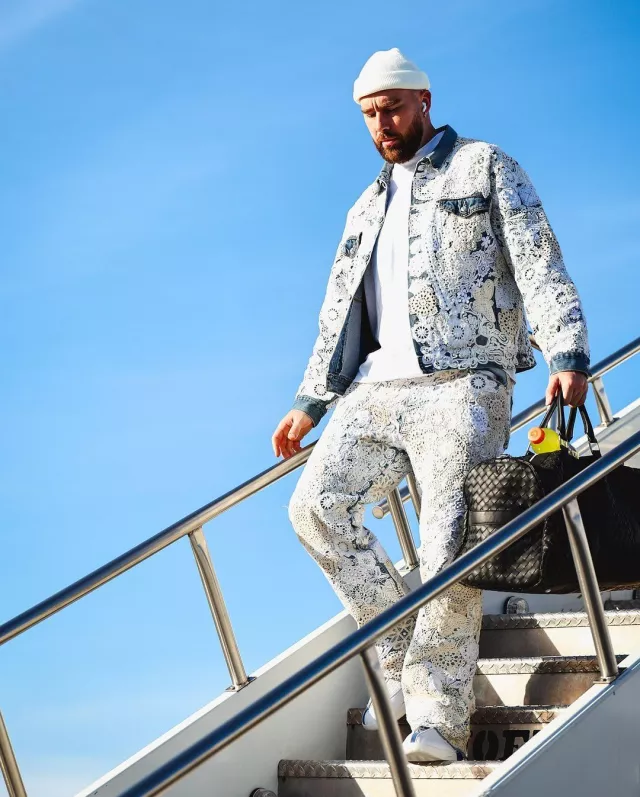 Earthling VIP White Lace Patch Denim Jacket worn by Travis Kelce on the Instagram account @chiefs