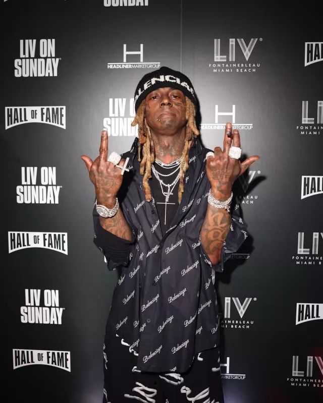 Balenciaga Black & White Wide Logo Beanie worn by Lil Wayne on the Instagram account @livmiami