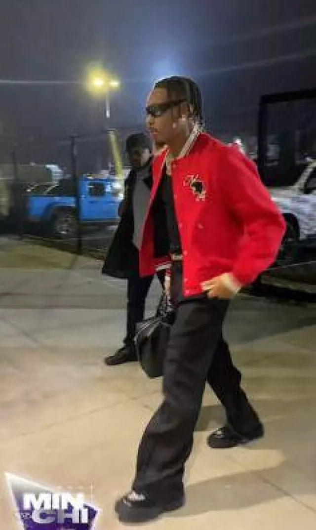 Amiri Red Panther Logo Bomber Jacket worn by Justin Jefferson on the Instagram account @blitzfits